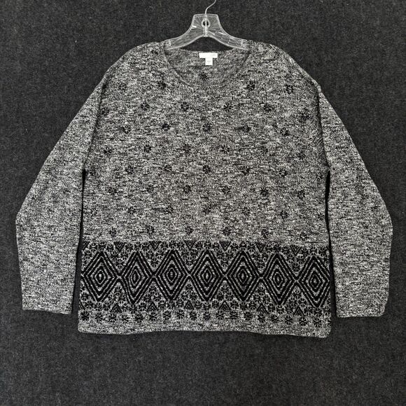 J. Jill Sweater Women's Large Gray Black Crewneck Pullover Wool - Picture 1 of 8